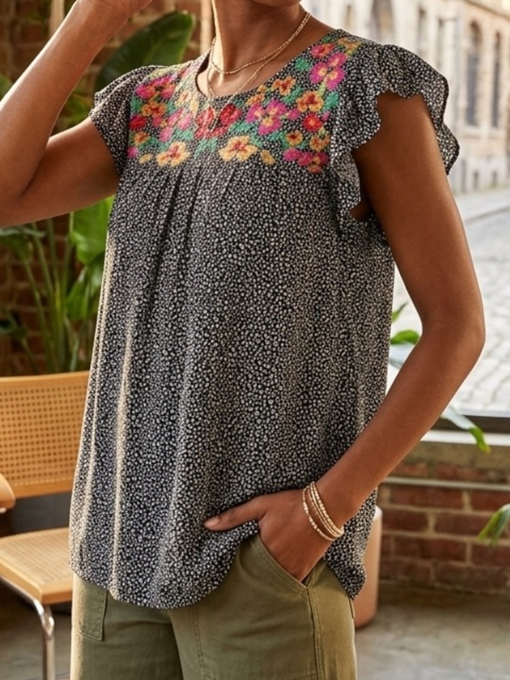 L Love Black Dotted Camisole with Colorful Floral Embroidery